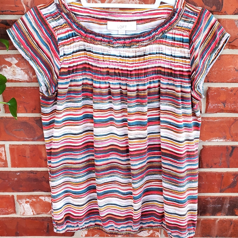 LOFT Women's Colorful Rayon Woven Striped Blouse With Smocking Size XS